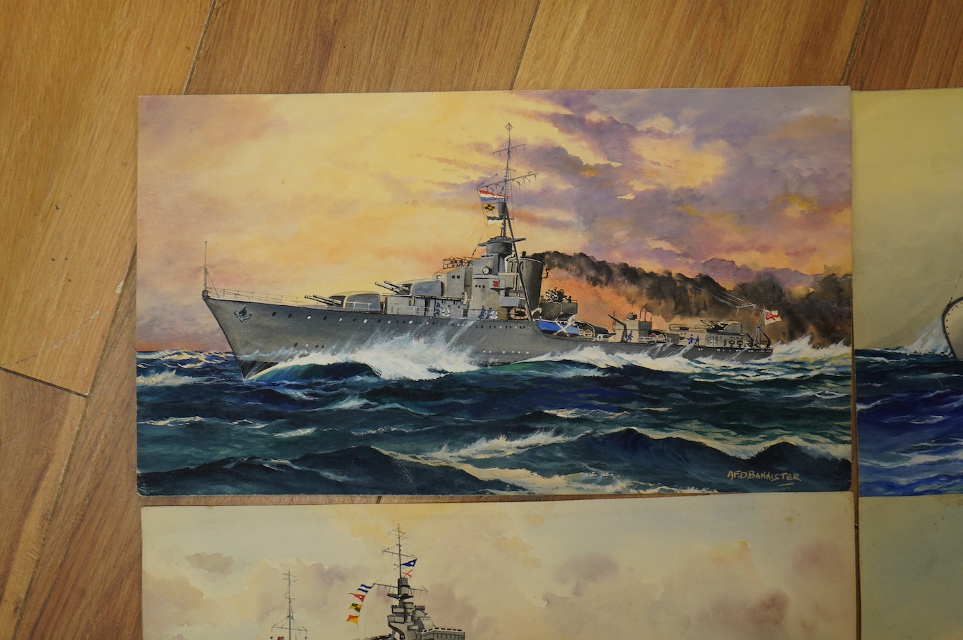 AFD Bannister, set of four original WWII watercolours for post card designs, Warships to include ‘HM Submarine Pandora’, ‘HMS Lightening Destroyer’ and ‘HMS Formidable Aircraft Carrier’, each signed with official censor